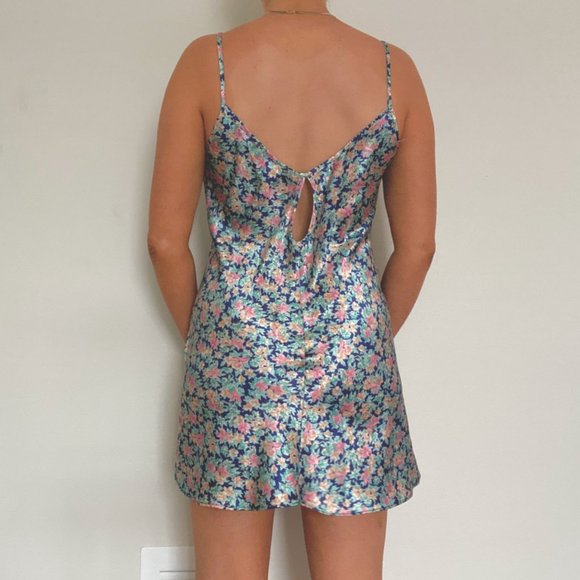 Vintage Floral Satin Slip Dress Navy, Pink, Green - Picture 6 of 7